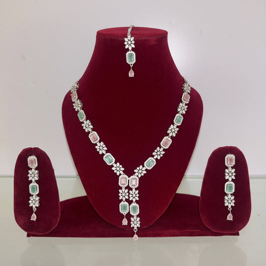 Pastel Emerald & Blush Pink AD Necklace Set with Earrings & Maang Tikka
