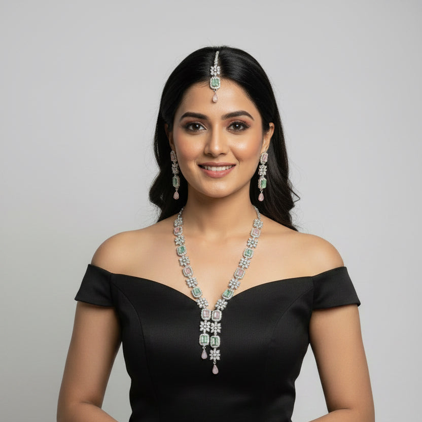 Pastel Emerald & Blush Pink AD Necklace Set with Earrings & Maang Tikka