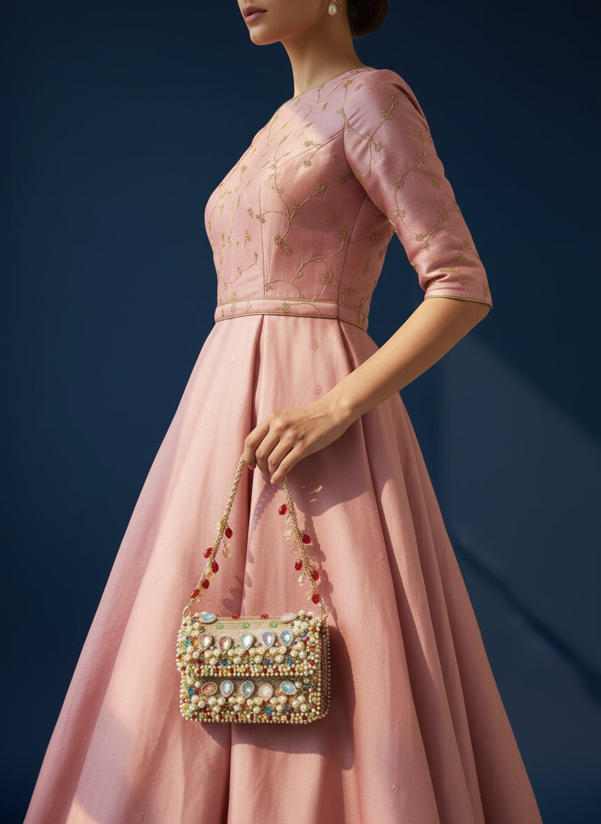 Golden Radiance Handcrafted Beaded Clutch with Multicolor Gem Embellishments