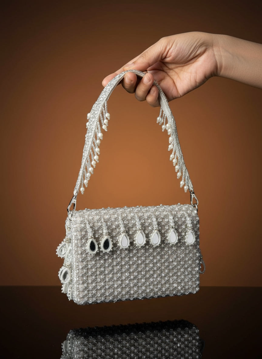 Silver Mirror Drop Beaded Clutch Bag - Handcrafted Party & Wedding Purse