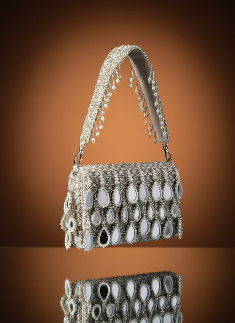 Silver Mirror Drop Beaded Clutch Bag - Handcrafted Party & Wedding Purse