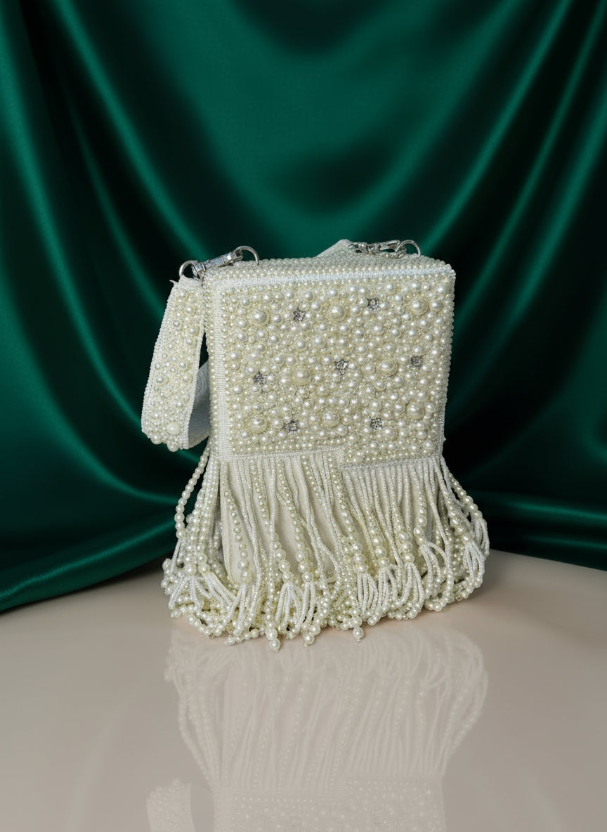 Pearl Embellished Box Clutch with Fringe Detailing | Elegant Party & Wedding Handbag for Women