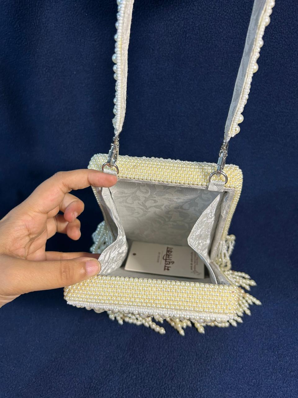 Pearl Embellished Box Clutch with Fringe Detailing | Elegant Party & Wedding Handbag for Women