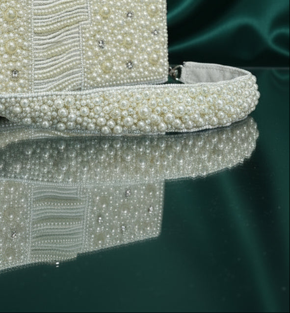 Pearl Embellished Box Clutch with Fringe Detailing | Elegant Party & Wedding Handbag for Women